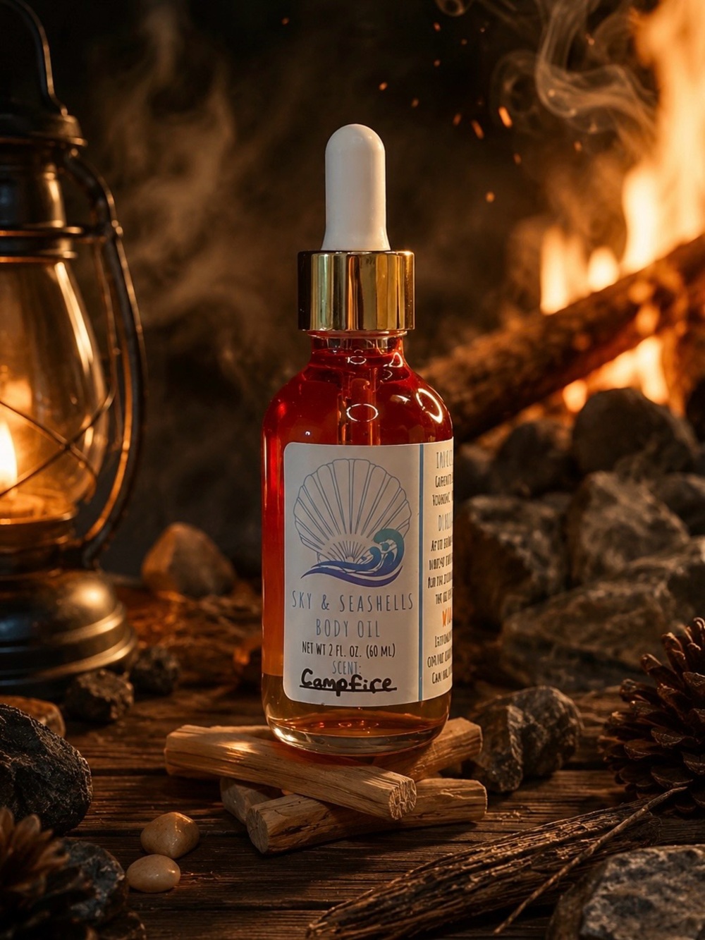 Hand Crafted “Campfire” Scented Body & Beard Oil For Men by Sky & Seashells